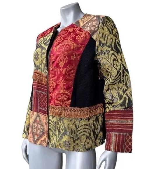 ALLURE Patchwork Jacket Full Zip Fringe Collarles… - image 3