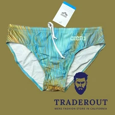 Arena men blue golden print Swim Brief bikini swimwear swimsuit size 32 34 36