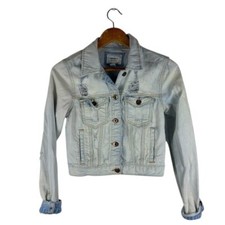 Forever 21 Small Women's Light Blue Wash Denim Distressed Jean Jacket Cropped