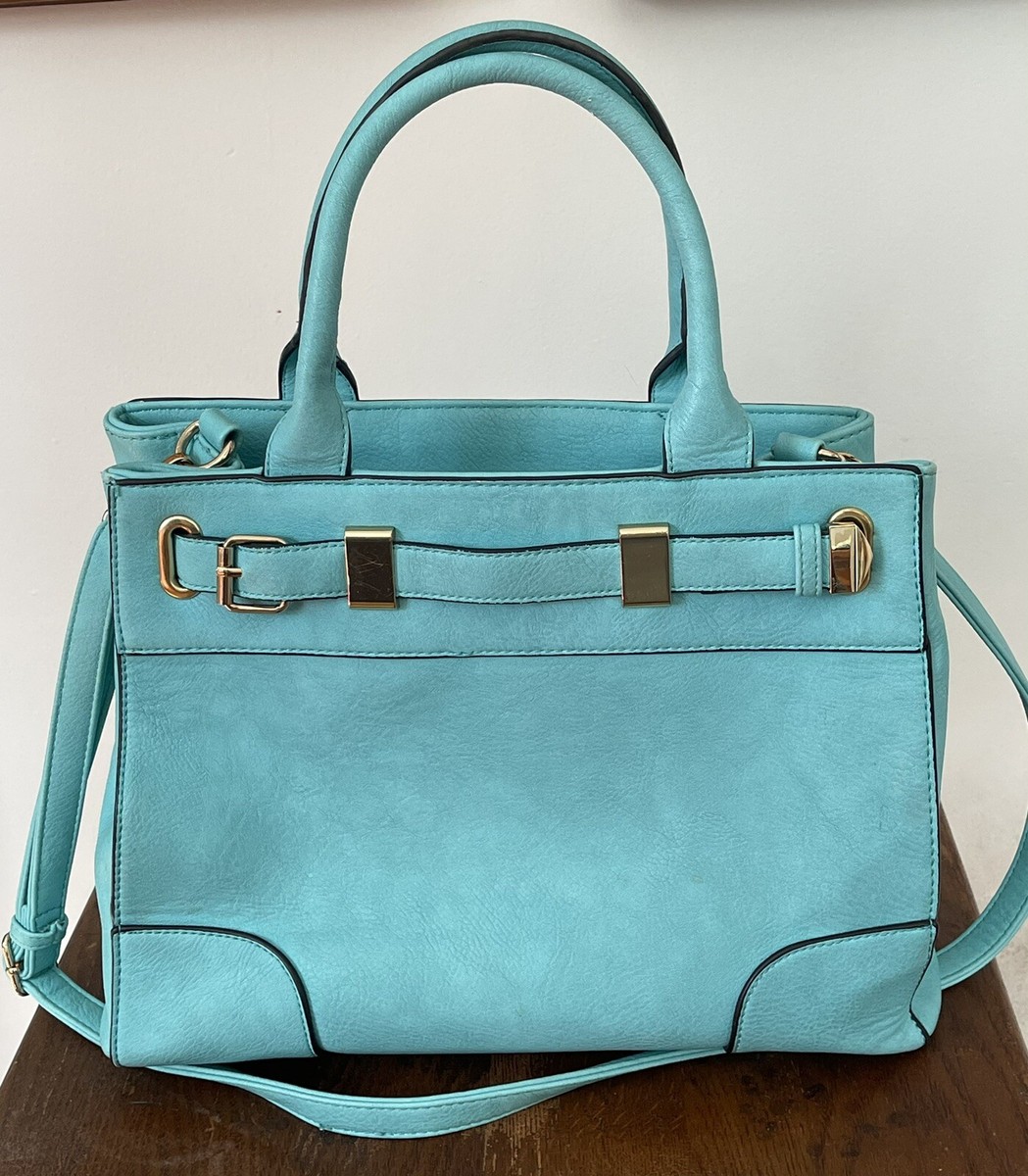 Dasein Aqua Blue Turquoise Large Faux Leather Satchel Tote Hand Bag w/ Strap