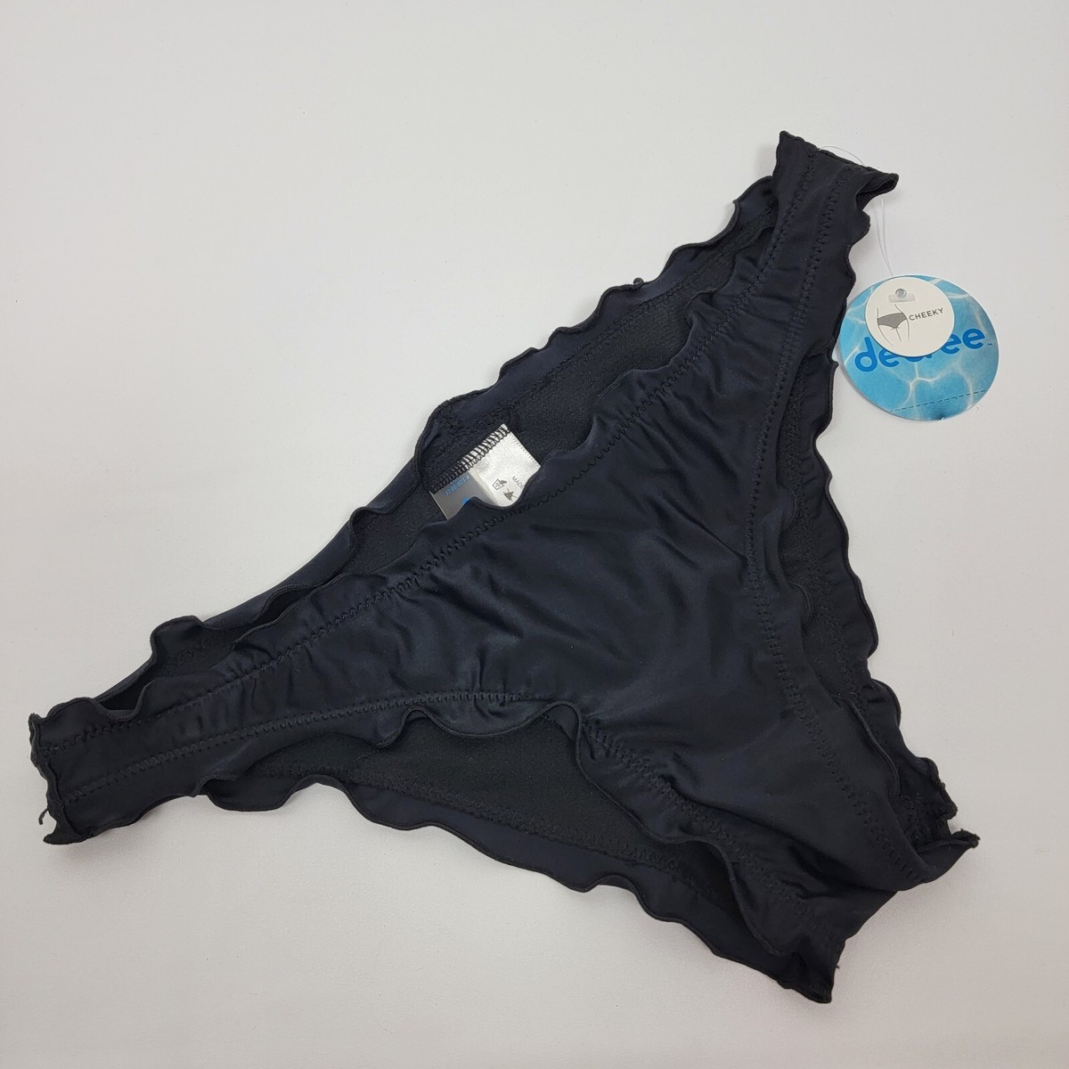 Decree Women's Solid Black Ruffle Cinched Back CHEEKY Bikini Swim