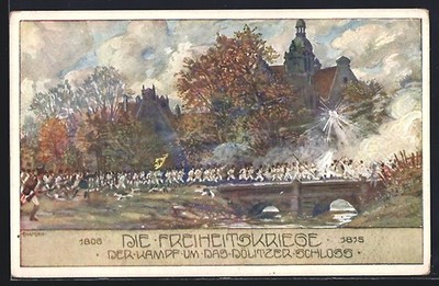 Artist postcard Ernst Kutzer: the wars of freedom - the fight for the Dölitzer Schlo 