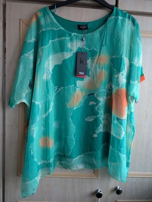Klass women's blouse with an abstract teal and orange print, size large 