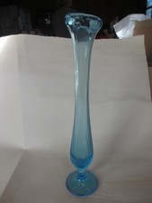 MID CENTURY MODERN Blue  Swung Stretch Glass  Ribbed  Vase  9 1/2 INCH BUD VASE