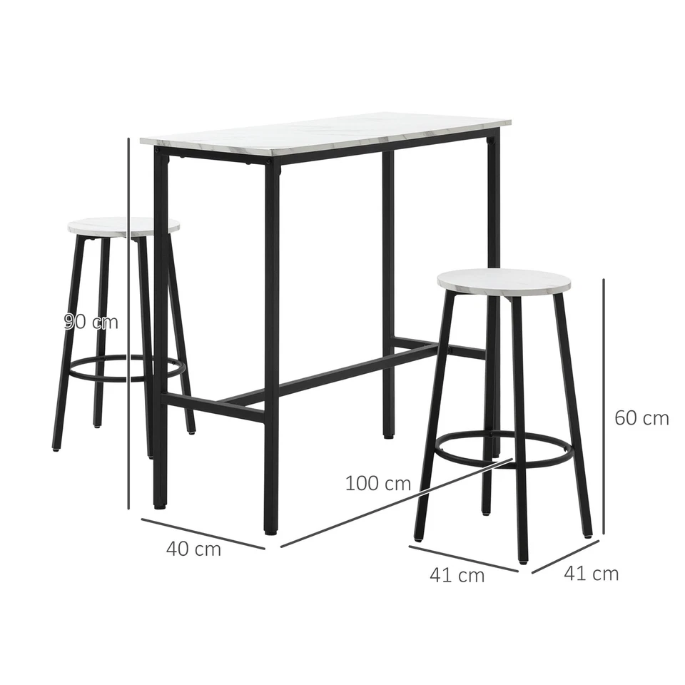 HOMCOM 3 Piece Bar Table Set for 2 with Stools Steel Frame Footrest White - Image 3 of 4