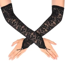 2 Pcs Black Lace Glove, Elegant Long Women Floral Lace Sleeves, Soft Delicate 
