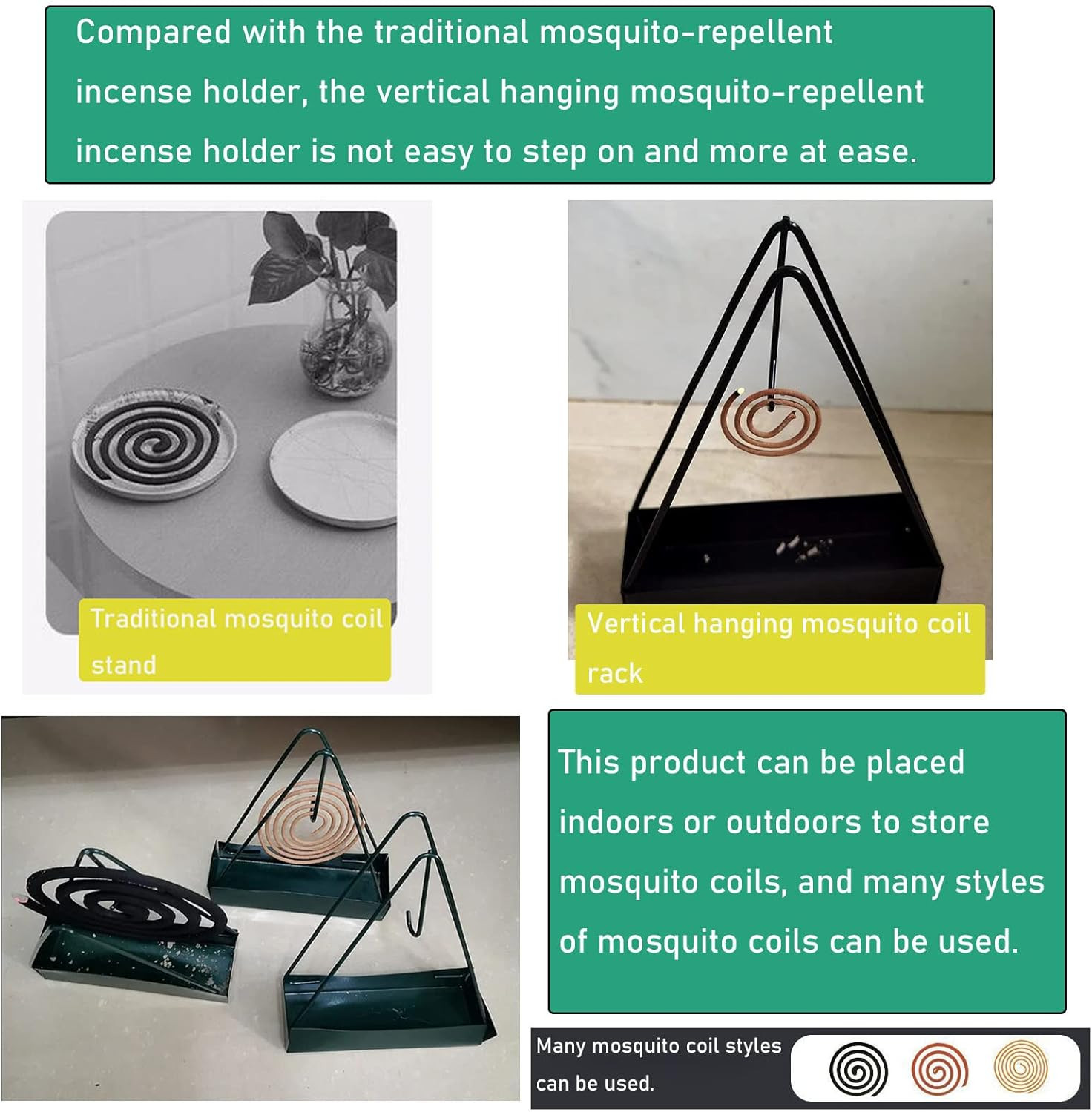 2 Pack Coil Incense Burner Mosquito Coils Holder Full Metal black+green