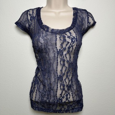 VTG y2k Cyber Grunge Sheer Micro Mesh Lace Top Large Blue Festival Whimsioth