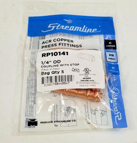 (QTY. 5) Mueller Streamline RP10141 1/4" ACR Copper Press Coupling with Stop