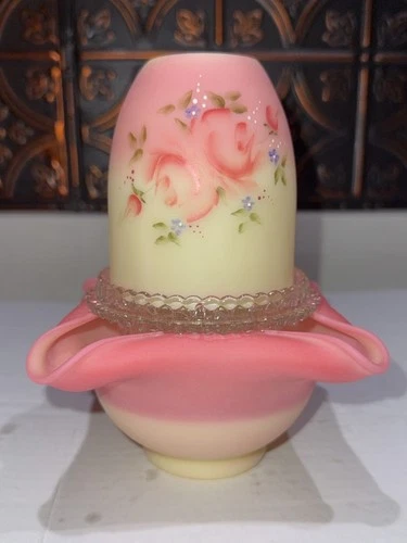 Fenton Roses on Burmese GLOWS 3pc Fairy Lamp painted by D. Cutshaw