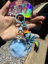 My Little Pony Rainbow Dash Figure Keychain Blue Pom Pom Bag Charm Key Ring