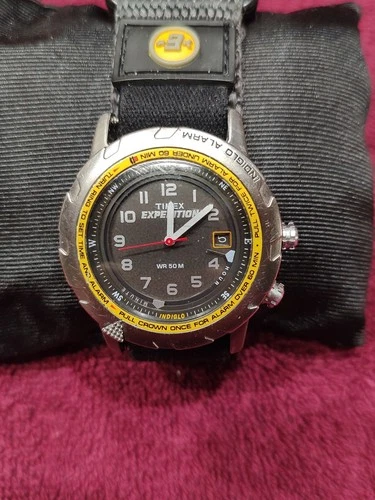 Vintage Timex Expedition Shenmue Alarm Watch Men Yellow Bezel Nice! Works
