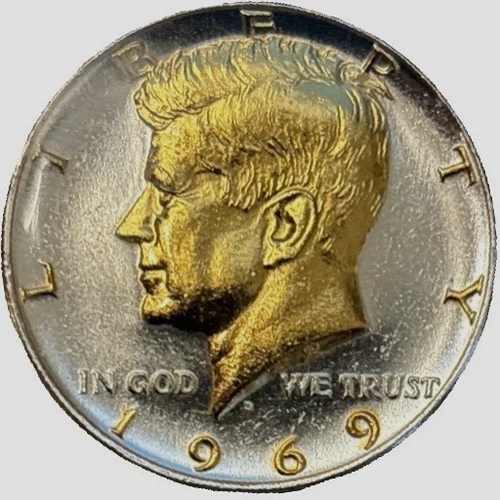 DANBURY MINT - 1969-D KENNEDY HALF DOLLAR, UNCIRCULATED IN 24KT GOLD&.999 SILVER