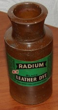 ANTIQUE  STONE JAR LABELED RADIUM  BLACK LEATHER DYE
