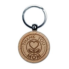 Thank You Mom Heart Flower Mother's Day Engraved Wood Round Keychain Tag Charm