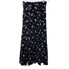 Vintage Navy Blue Floral Velvet Maxi Skirt 32" Waist Medium Handmade Evening