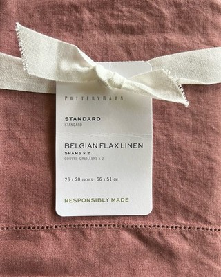 POTTERY BARN BELGIAN FLAX LINEN STANDARD PILLOW SHAMS SET /2 ROSEWOOD NWT