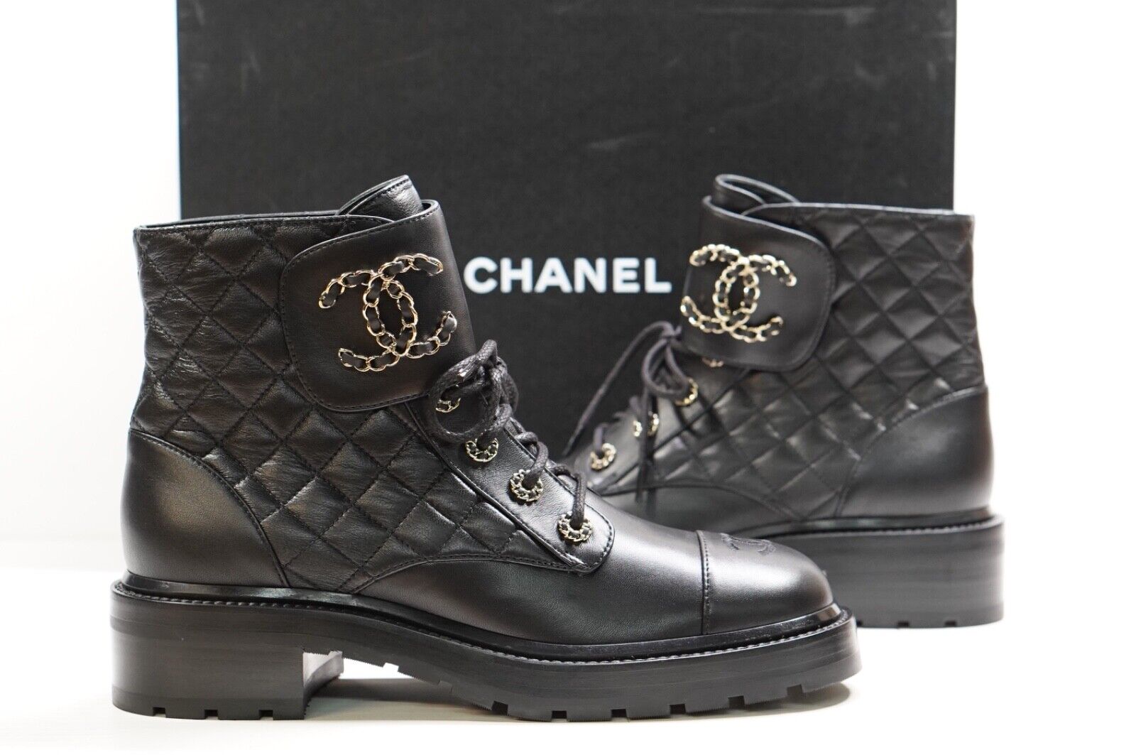 Chanel 2021 matte black quilted combat boots gold hardware  EUR  sizes | eBay