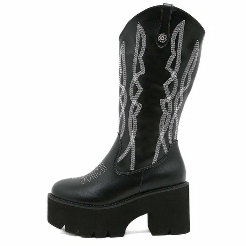 Botas vaqueras occidentales bordadas para mujer botas de tacón ancho plataforma media pantorrilla - Imagen 10 de 15