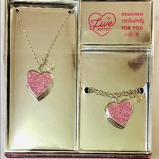 Justice Girls Glitter Heart Locket Necklace  Bracelet Jewelry Gift Set Boxed