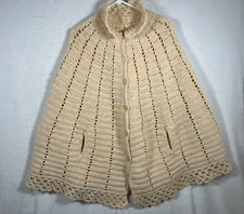 Vintage Handmade Crochet Cape Poncho Size Large Ivory Button Front Shawl Sweater