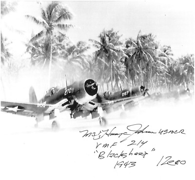 Major Harry Johnson signed 1943 WWll Pappy Boyingtons Black Sheep 8x10 Photo JSA