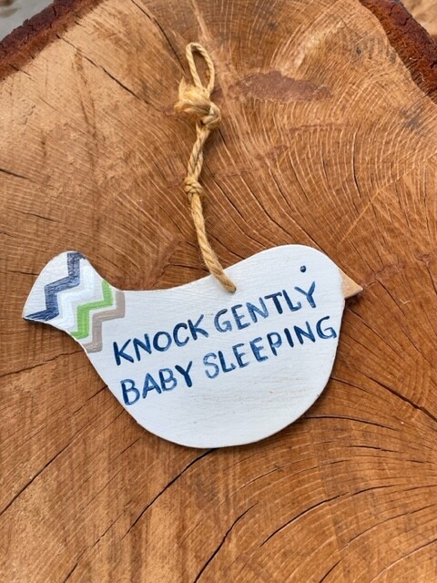 Knock Gently Baby Sleeping Birdie Sign Gray 6x4