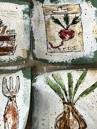 Garden Painting Miniature Framed Art Set Of 6 Original Signed Art Gardening Tool - Picture 8 of 21
