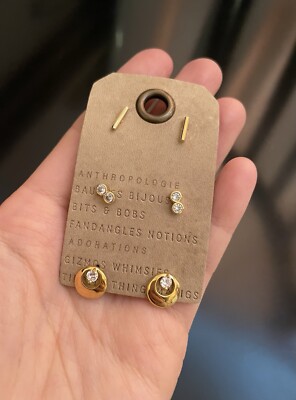 Anthropologie Earrings Dainty Gold studs Set Of 3 Crystals