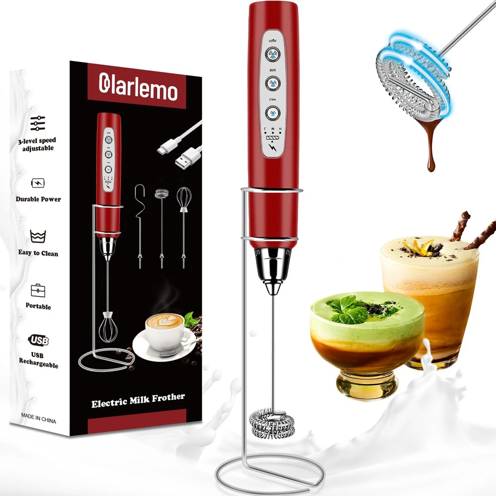 Milk Frother Handheld Rechargeable with Stand Frother Wand Drink Mixer Electr...