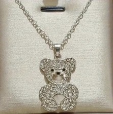 Silver Teddy Bear Clear Rhinestone Pendant Necklace Fashion Fun Jewelry