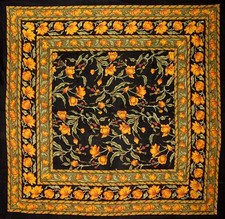 French Floral Square Cotton Tablecloth 60" x 60" Amber on Black