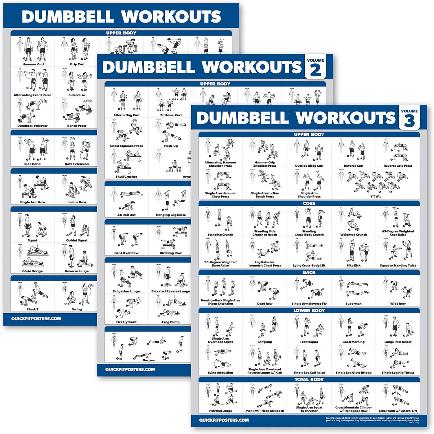3 Pack - Dumbbell Workout Posters for Home Gym - Volume 1, 2