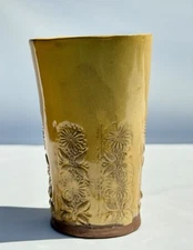 Handmade Studio Pottery Vase-Rustic Yellow Glaze -Floral Imprint-Wabi-Sabi Style