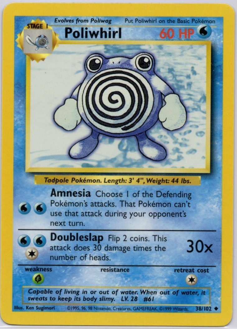Poliwhirl 1999 Pokemon Base Set No. 38/102 Uncommon Lightly Played TCG
