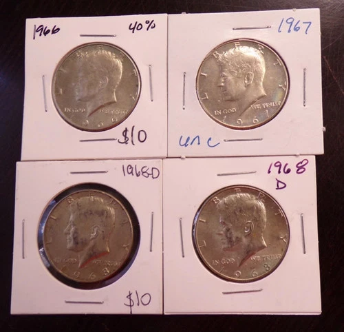 Lot of 4 40% Silver Kennedy Half Dollars 1966P, 1967P, 1968D, 1968D AU condition