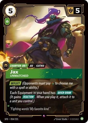 Riftbound Jax, Unmatched (V.1 - Rare) Spiritforged, League of Legends, NM
