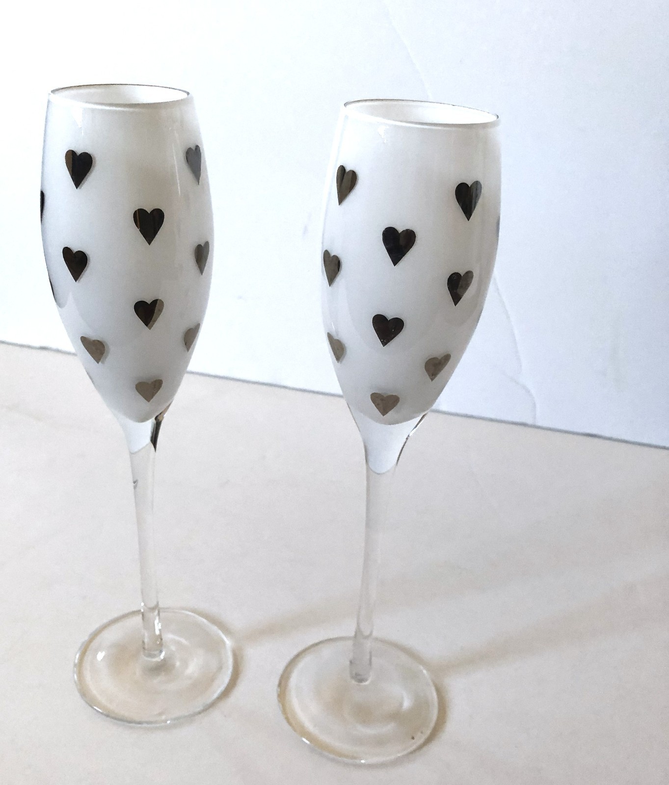 Set of 2, Valentine's White Heart Champagne Glasses 10" Tall with 2" rim