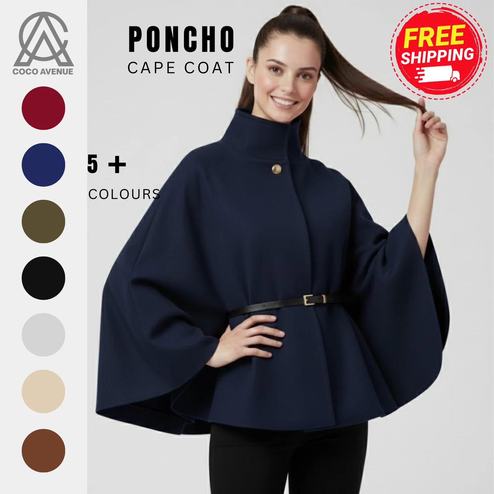 Ladies Italian Belted Poncho High Neck Front Button Winter Coat Cape Jacket 8-20