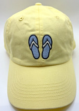 NWT Life Is Good Yellow Embroidered Beach Blue Sandals Flip Flops Adjustable Hat