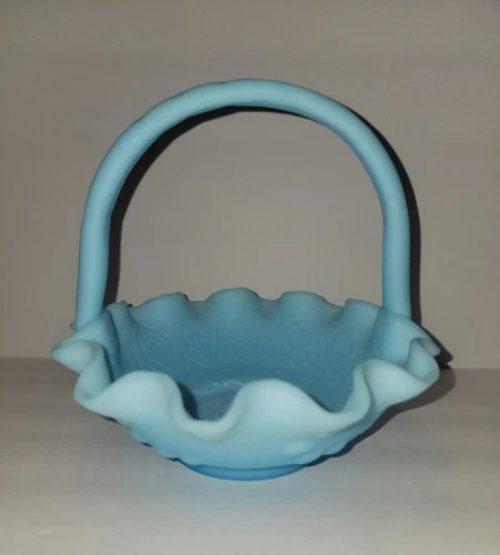 Vintage Fenton Persian Medallion Light Blue Satin Ruffled Edge Basket