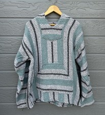 Baja Joe Pull Over Hoodie Drug Rug Large Weave Blue Gray Vintage 90s Sz L