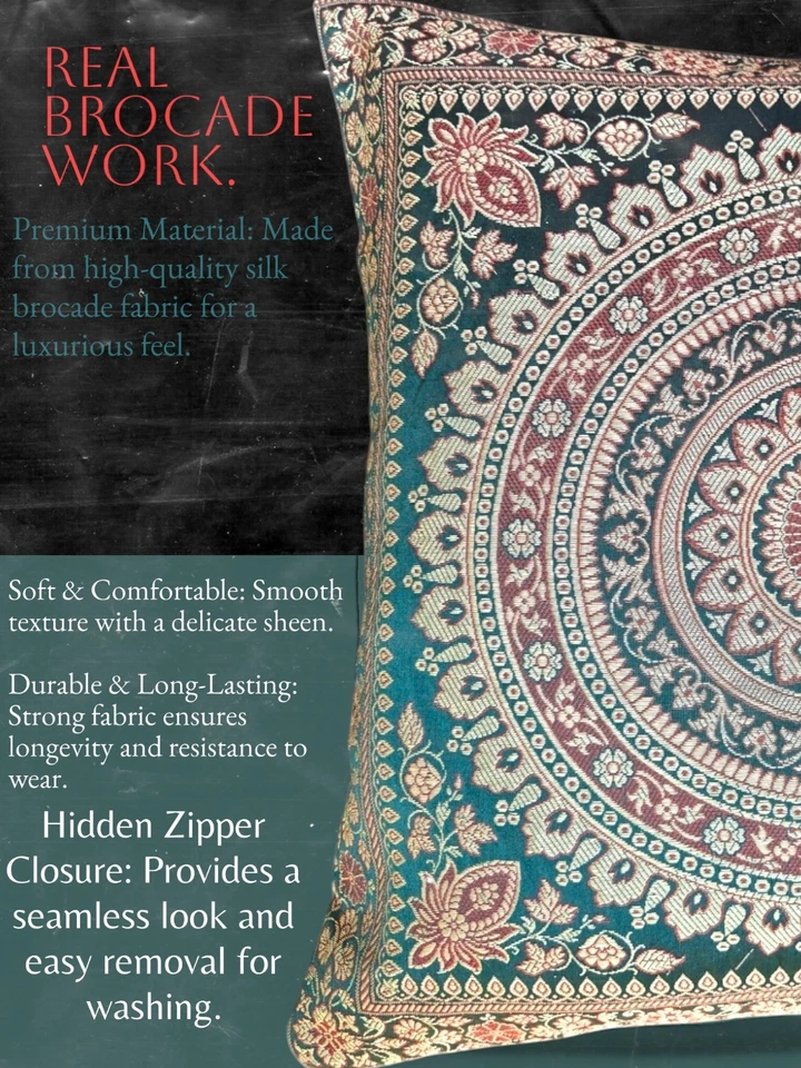 Funda de cojín de seda brocado mandala verde oscuro 16x16 hecha a mano Boho f... - Imagen 4 de 4