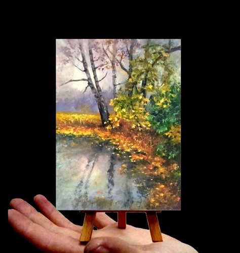 Original Autumn river ACEO Fall leaves trees oil painting signed