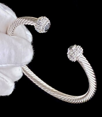 Silver Tone Twisted Cable Cuff Bracelet Clear & Jet Black Crystals 7.25in 20.6g