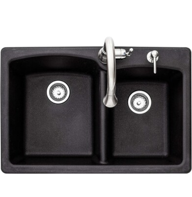 Franke  Double Basin Drop In Kitchen Sink Granite Onyx offset DB DM  EOOX33229-1