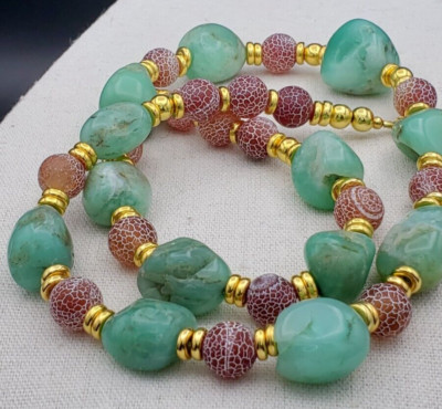 Natürlicher Chrysopras abgestuft rot Kunst Glas goldfarben Akzent Perlen Halskette 22''