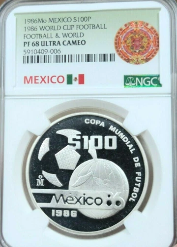 1986 MEXICO SILVER 100 PESOS FOOTBALL & WORLD NGC PF 68 ULTRA CAMEO VERY SCARCE