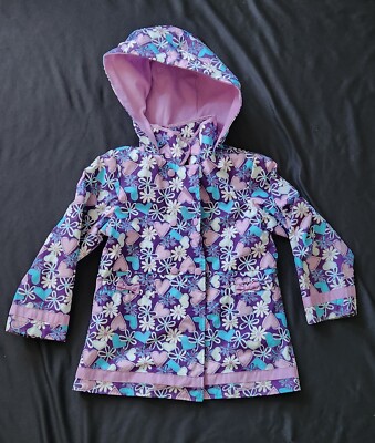 London Fog Girls Lightweight Lined Rain Hooded Jacket Purple Flowers Hearts 6X