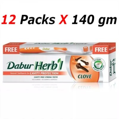12X Dabur Herbal Natural Clove Zahnpasta, Kariesschutz,Zahnbürste ohne Zahnpasta